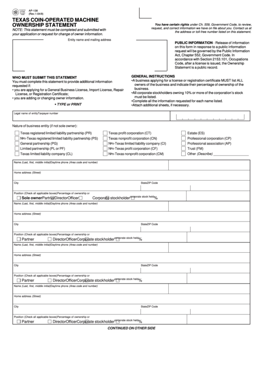 Fillable Form Ap-138 - Texas Coin-Operated Machine Ownership Statement Printable pdf