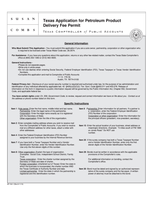 Fillable Form Ap-154-2 - Texas Application For Petroleum Product Delivery Fee Permit Printable pdf