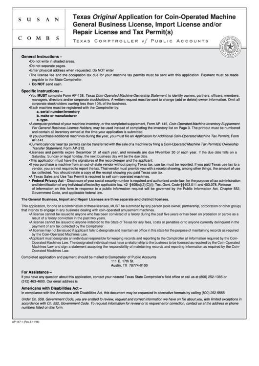 Fillable Form Ap-147-3 - Texas Original Application For Coin-Operated Machine General Business License, Import License And/or Repair License And Tax Permit(S) Printable pdf