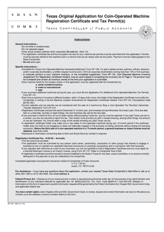 Fillable Form Ap-146-3 - Texas Original Application For Coin-Operated Machine Registration Certificate And Tax Permit(S) Printable pdf