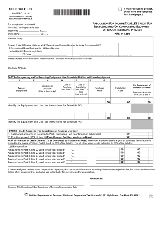 Schedule Rc (Form 41a720rc) - Application For Income Tax/llet Credit For Recycling And/or Composting Equipment Or Major Recycling Project Printable pdf
