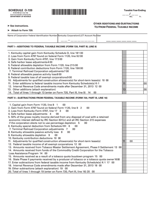 Fillable Schedule O-720 (Form 41a720-O) - Other Additions And Subtractions To/from Federal Taxable Income Printable pdf