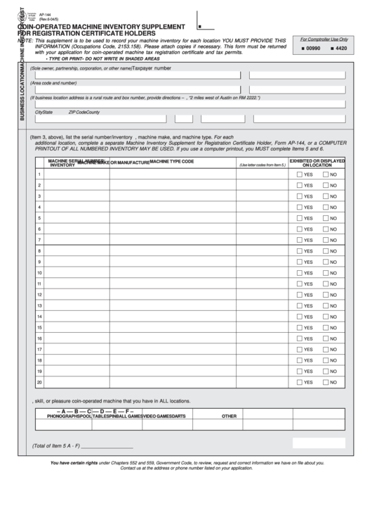 Fillable Form Ap-144 - Coin-Operated Machine Inventory Supplement For Registration Certificate Holders Printable pdf