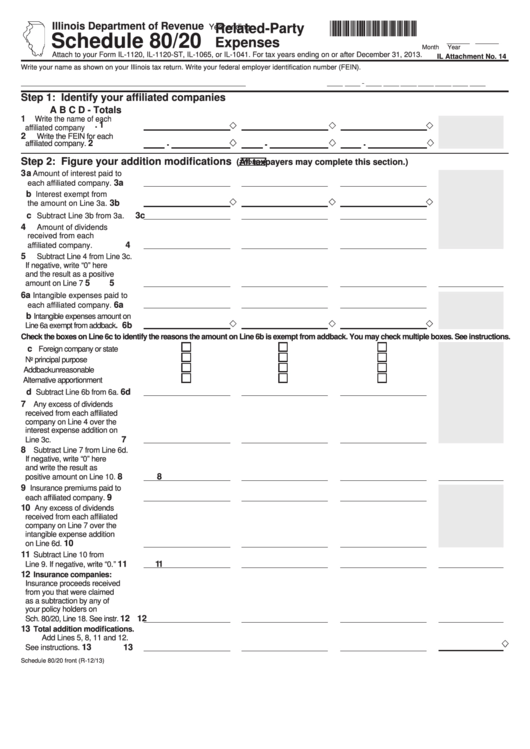 Fillable Schedule 80/20 - Attach To Form Il-1120, Il-1120-St, Il-1065, Or Il-1041 - Related-Party Epenses Printable pdf