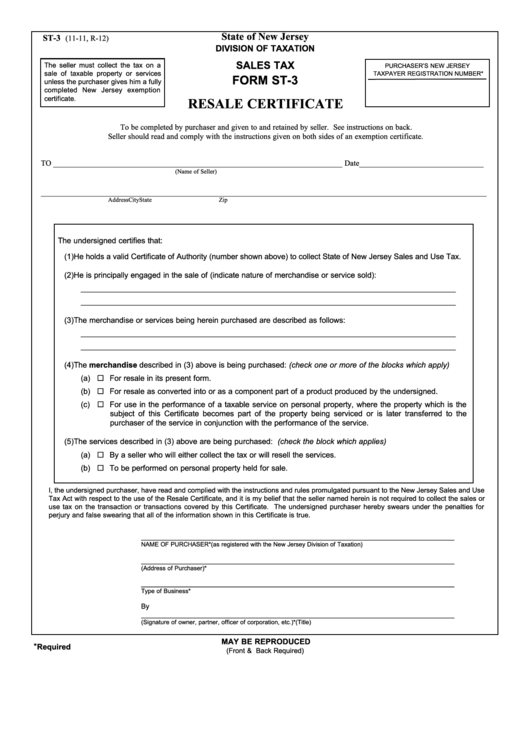 Fillable Form St-3 - Resale Certificate Printable pdf