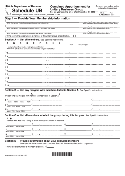 Schedule Ub - Attach To Form Il-1120, Form Il-1120-St, And Form Il-1065 - Combined Apportionment For Unitary Business Group - 2013 Printable pdf