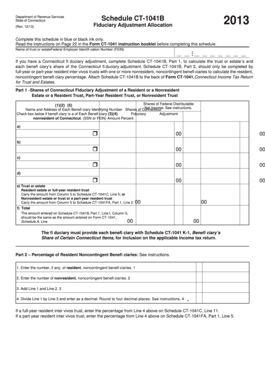 Schedule Ct-1041b - Fiduciary Adjustment Allocation - 2013 Printable pdf