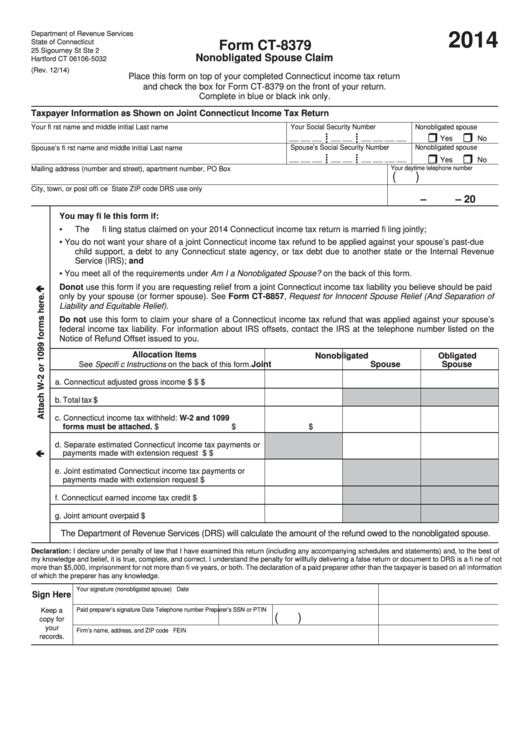 Form Ct-8379 - Nonobligated Spouse Claim - Connecticut Department Of Revenue - 2014 Printable pdf