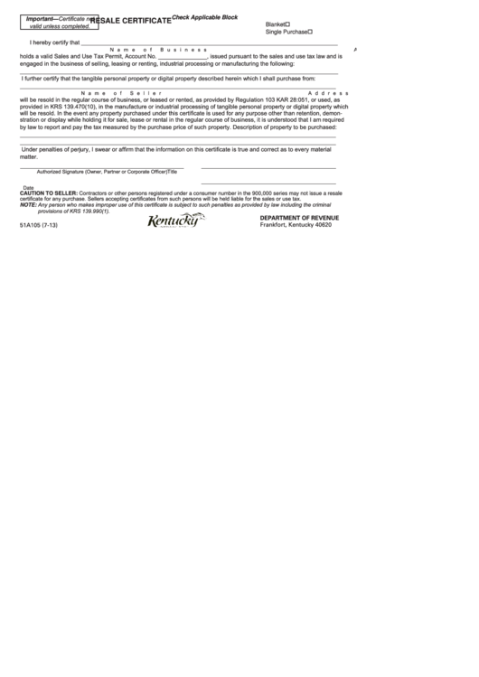 Resale Certificate Printable pdf
