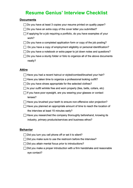 Resume Genius' Interview Checklist Template
