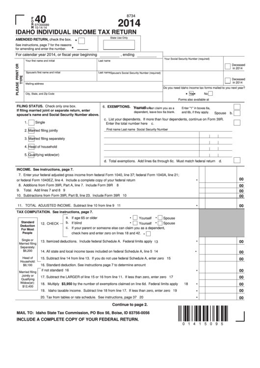Fillable Form 40 - Idaho Individual Income Tax Return - 2014 Printable pdf