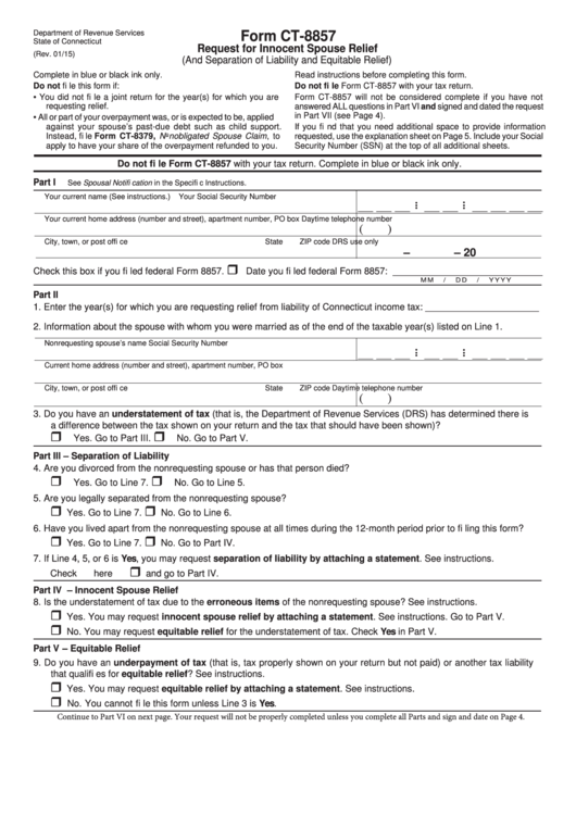 Form Ct-8857 - Request For Innocent Spouse Relief - Connecticut Department Of Revenue Printable pdf