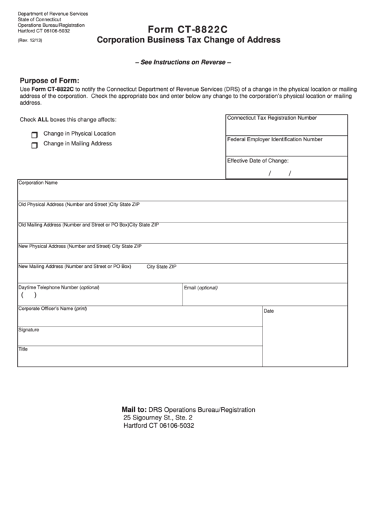 Form Ct-8822c - Corporation Business Tax Change Of Address - Connecticut Department Of Revenue Printable pdf