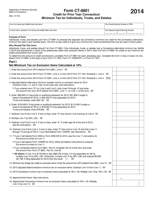 Form Ct-8801 - Credit For Prior Year Connecticut Minimum Tax For Individuals, Trusts, And Estates - 2014 Printable pdf