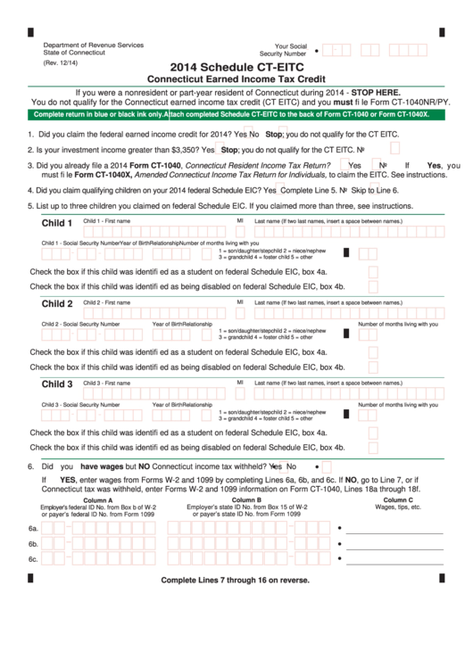 Schedule Ct-Eitc - Connecticut Earned Income Tax Credit - 2014 Printable pdf