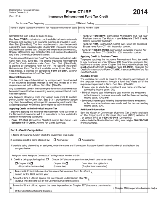 Form Ct-Irf - Insurance Reinvestment Fund Tax Credit - Connecticut Department Of Revenue - 2014 Printable pdf