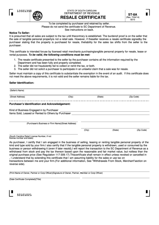 Form St-8a - Resale Certificate State Of South Carolina Department Of Revenue Printable pdf