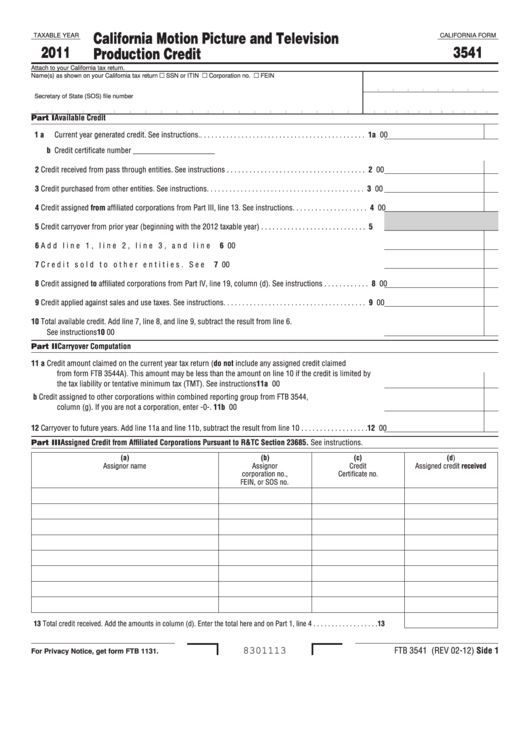 Fillable Form Ftb 3541 - California Motion Picture And Television Production Credit - 2011 Printable pdf