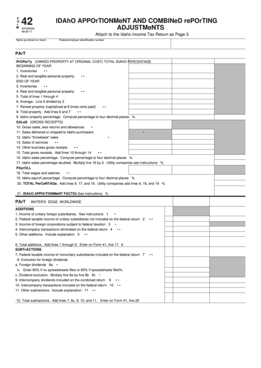 Fillable Form 42 - Idaho Apportionment And Combined Reporting Adjustments - 2011 Printable pdf