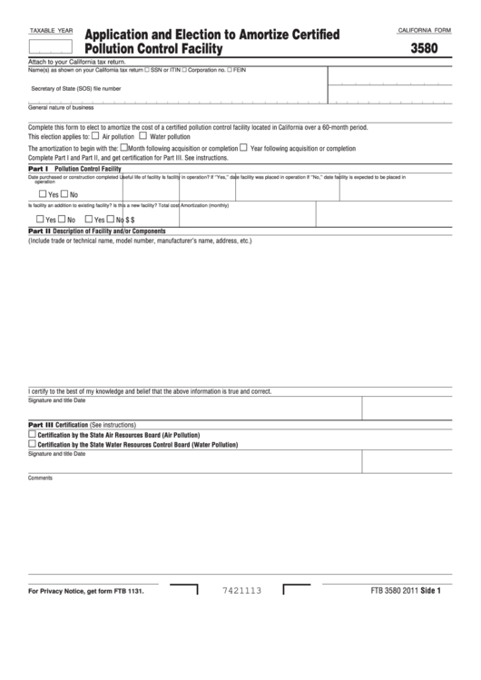 Fillable Form Ftb 3580 - Application And Election To Amortize Certified Pollution Control Facility Printable pdf