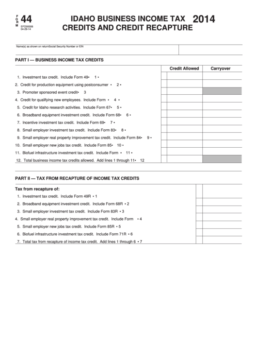 Fillable Form 44 - Idaho Business Income Tax Credits And Credit Recapture - 2014 Printable pdf