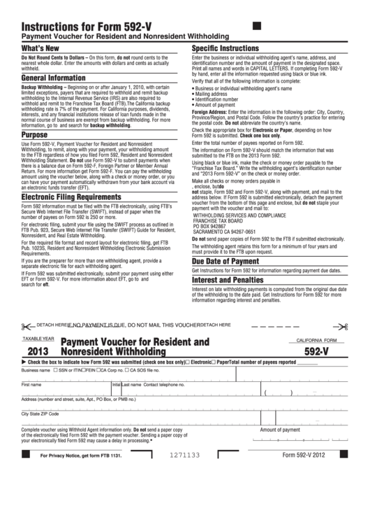 Fillable Form 592-V - Payment Voucher For Resident And Nonresident Withholding - 2013 Printable pdf