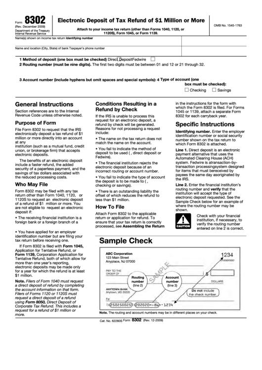 Fillable Form 8302 - Electronic Deposit Of Tax Refund Of One Million Or ...