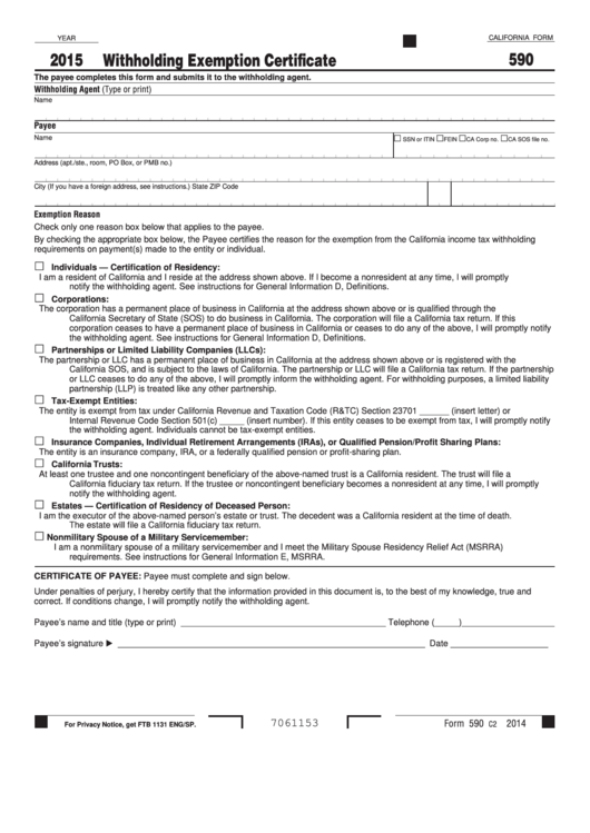 California Form 590 - Withholding Exemption Certificate - 2015