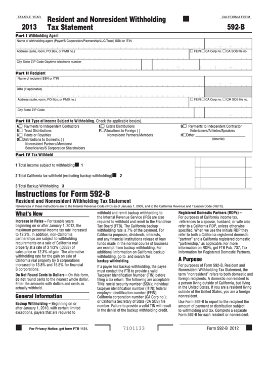 Fillable Form 592-B - Resident And Nonresident Withholding Tax Statement - 2013 Printable pdf