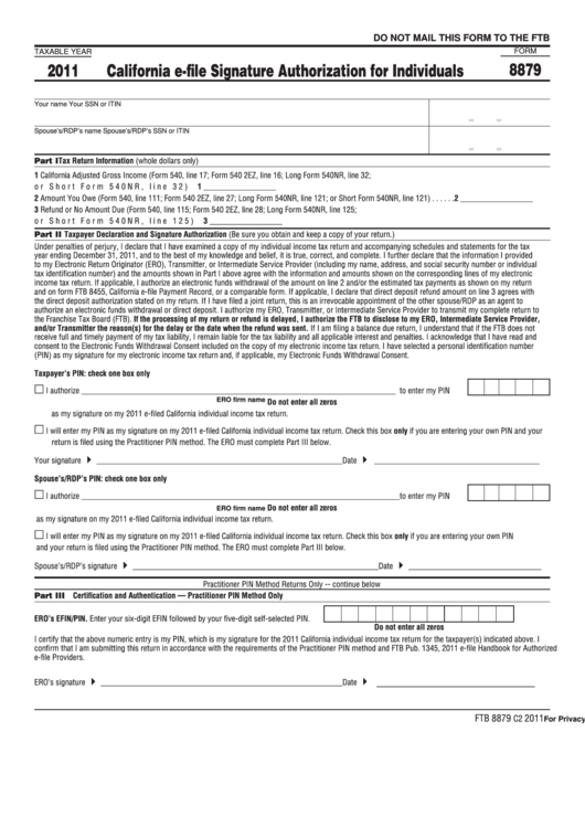 Fillable Form 8879 - California E-File Signature Authorization For Individuals - 2011 Printable pdf
