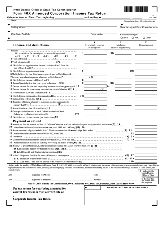 Fillable Form 40x - Amended Corporation Income Tax Return Printable pdf