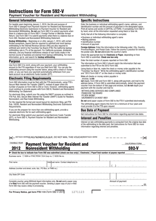 Fillable Form 592-V - Payment Voucher For Resident And Nonresident Withholding - 2012 Printable pdf