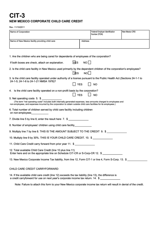 Form Cit-3 - New Mexico Corporate Child Care Credit Printable pdf