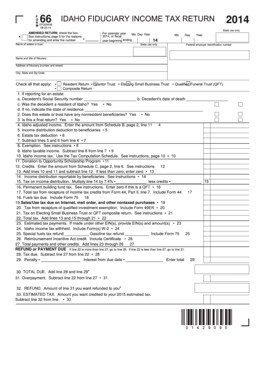 Fillable Form 66 - Idaho Fiduciary Income Tax Return - 2014 Printable pdf
