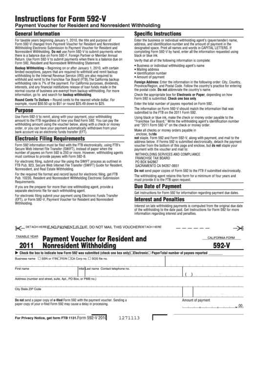 Fillable Form 592-V - Payment Voucher For Resident And Nonresident Withholding - 2011 Printable pdf