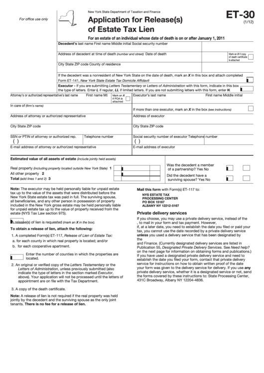 Form Et-30 - Application For Release(S) Of Estate Tax Lien Printable pdf