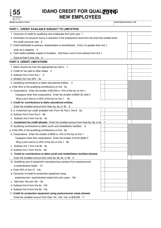 Fillable Form 55 - Idaho Credit For Qualifying New Employees - 2014 Printable pdf