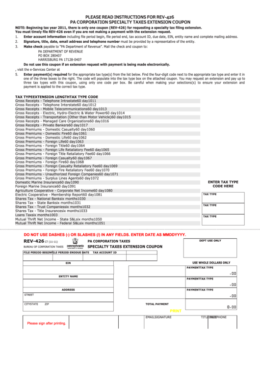Fillable Form Rev-426 - Pa Corporation Specialty Taxes Extension Coupon Printable pdf