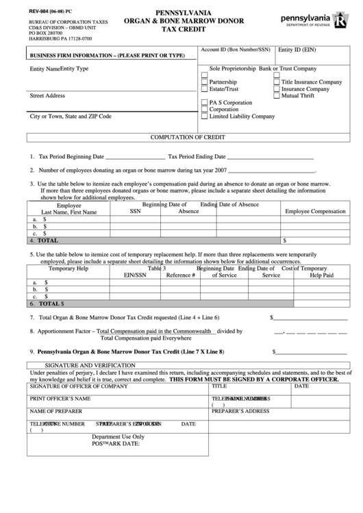 Form Rev-984 - Pennsylvania Organ & Bone Marrow Donor Tax Credit Printable pdf