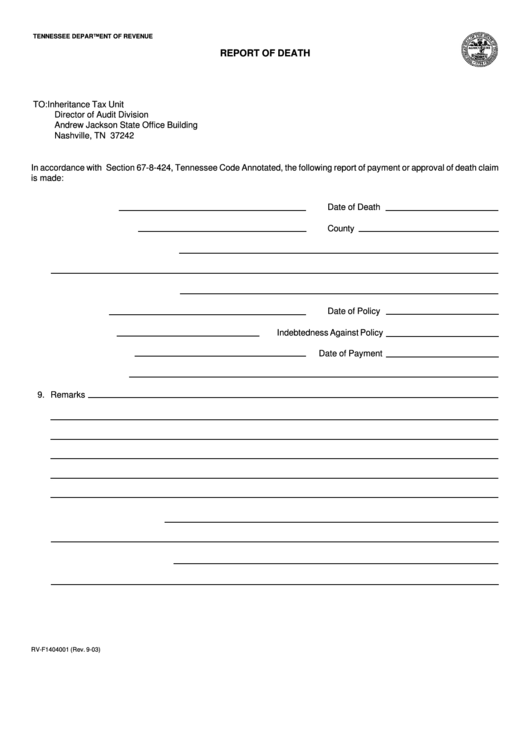 Fillable Form Rv-F1404001 - Report Of Death - Tennessee Department Of Revenue Printable pdf