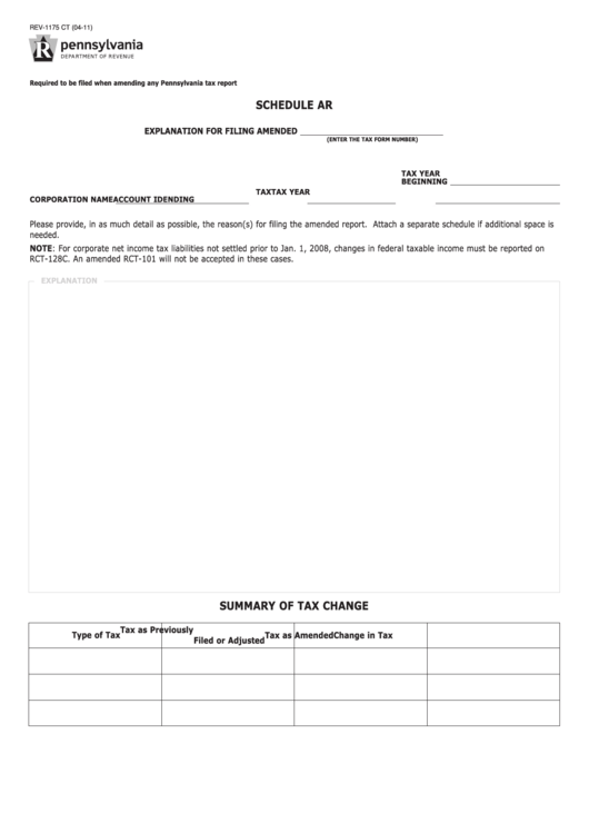 Form Rev-1175 Ct - Schedule Ar Explanation For Filing Amended Printable pdf