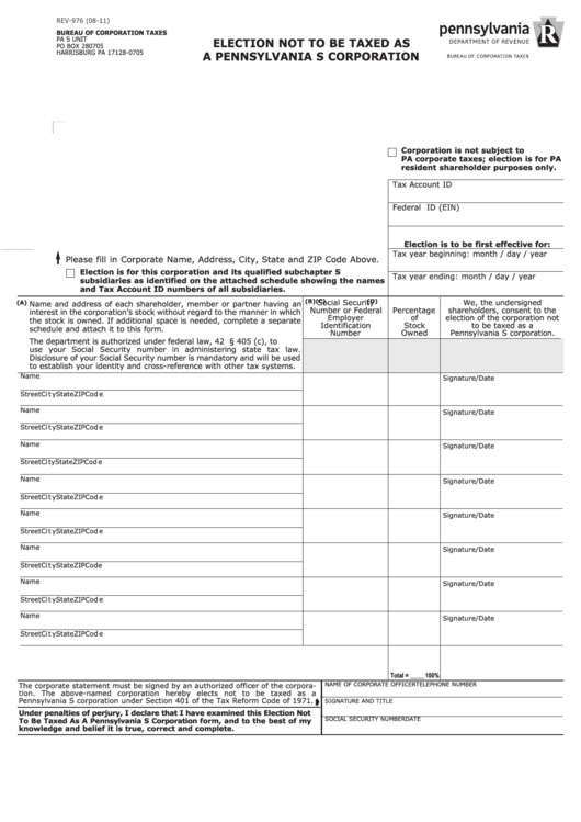 Form Rev-976 - Election Not To Be Taxed As A Pennsylvania S Corporation Printable pdf