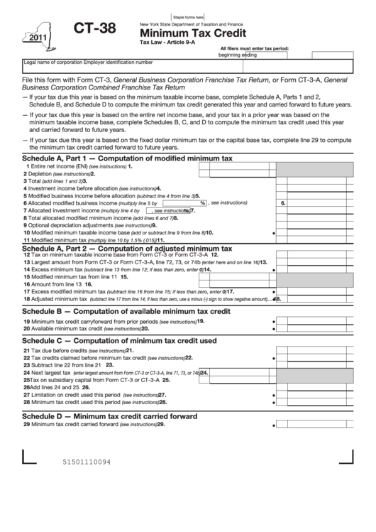 Form Ct-38 - Minimum Tax Credit - 2011 Printable pdf