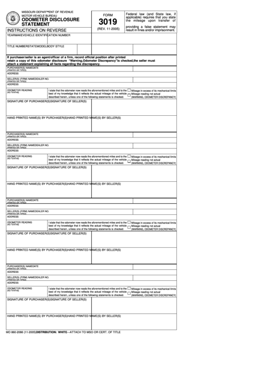 Fillable Form 3019 - Odometer Disclosure Statement Printable pdf