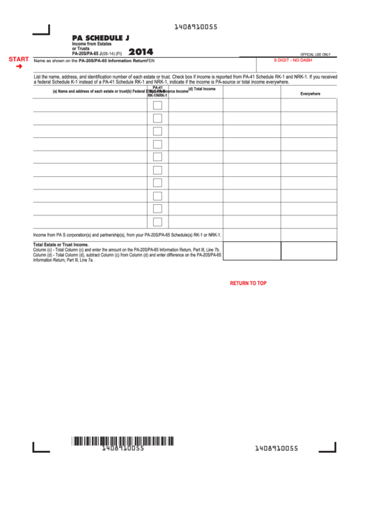 Fillable Pa Schedule J (Form Pa-20s/pa-65 J) - Income From Estates Or Trusts - 2014 Printable pdf