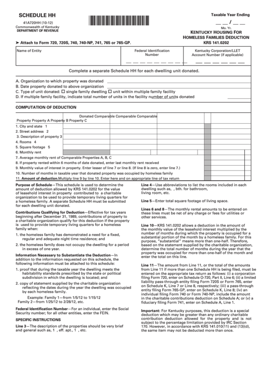 Schedule Hh (Form 41a720hh) - Kentucky Housing For Homeless Families Deduction Printable pdf