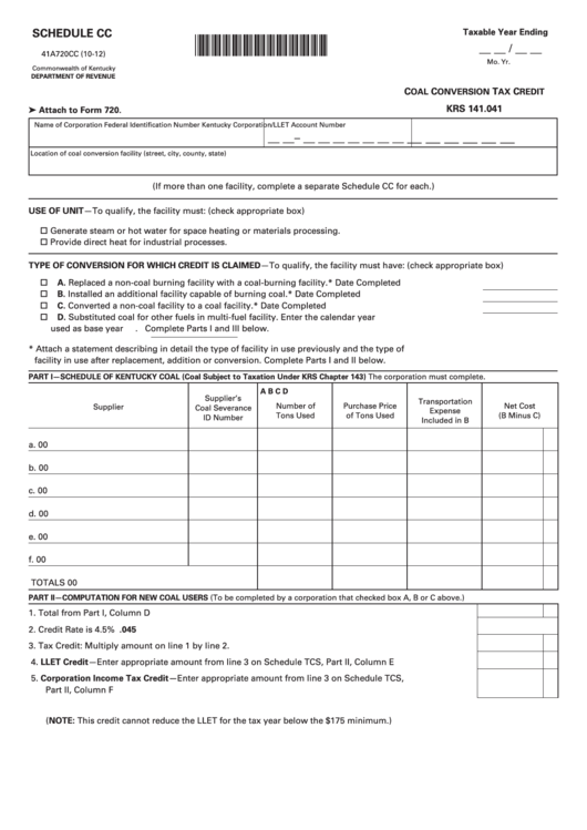 Schedule Cc (Form 41a720cc) - Coal Conversion Tax Credit Printable pdf