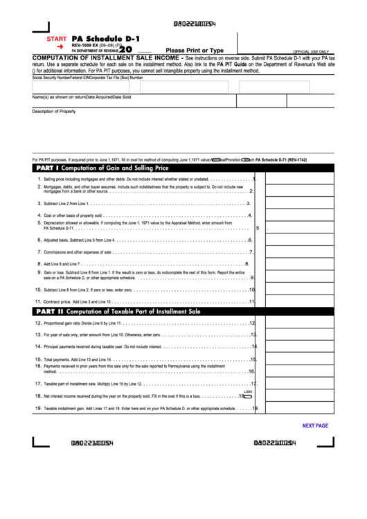Fillable Pa Schedule D-1 (Form Rev-1689 Ex) - Computation Of Installment Sale Income Printable pdf