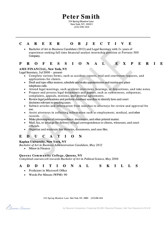 Legal Secretary Resume Template Printable pdf