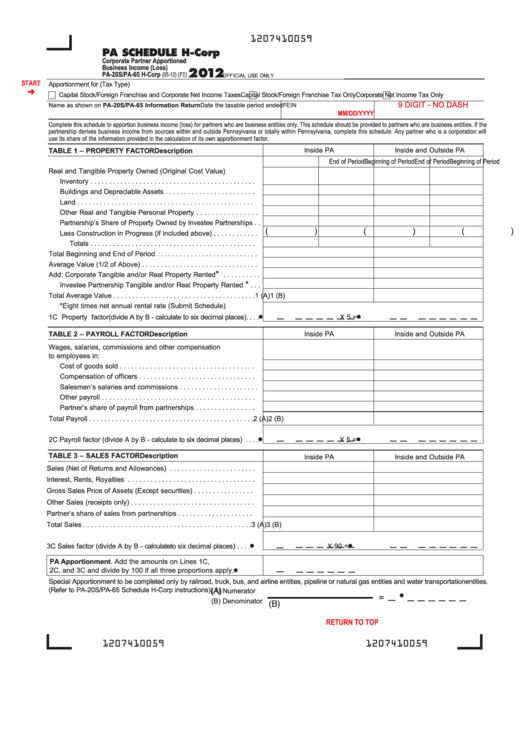 Fillable Pa Schedule H-Corp (Form Pa-20s/pa-65 H-Corp) - Corporate Partner Apportioned Business Income (Loss) - 2012 Printable pdf